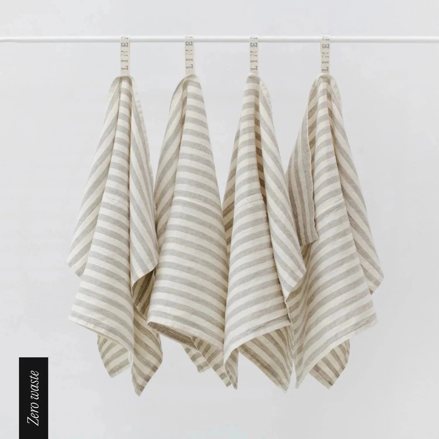 Zero Waste Natural White Stripes lino virtuvinė servetės rinkinys 4 vnt. — naturalusdrabuziai.lt